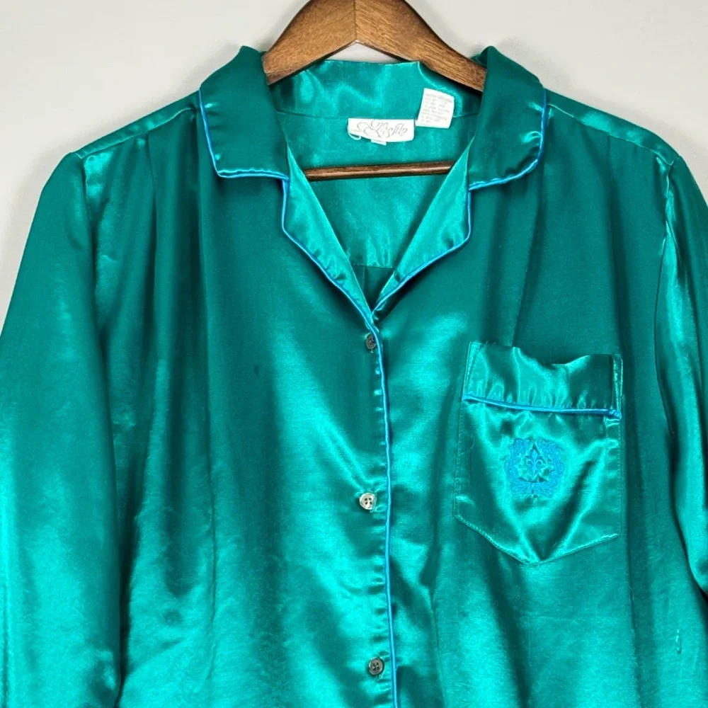 Softly Nightshirt Women Medium Teal Green Excellent Vintage 80s 90s Satin Button